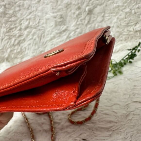 Liz Claiborne Vintage Red Orange Leather Snap Lock‎ Chain Strap Shoulder Bag - Picture 9 of 10